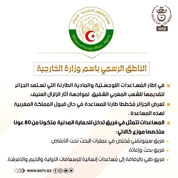 Séisme au Maroc: L'Algérie a élaboré « un plan d'urgence d'assistance en cas d'acceptation du Royaume du Maroc»