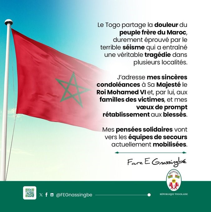 Séisme au Maroc : Le Togo partage la douleur du peuple frère du Maroc