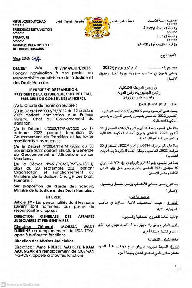 Tchad : Nomination d’un nouveau secrétaire général et des directeurs au ministère de la Justice et des droits humains 
