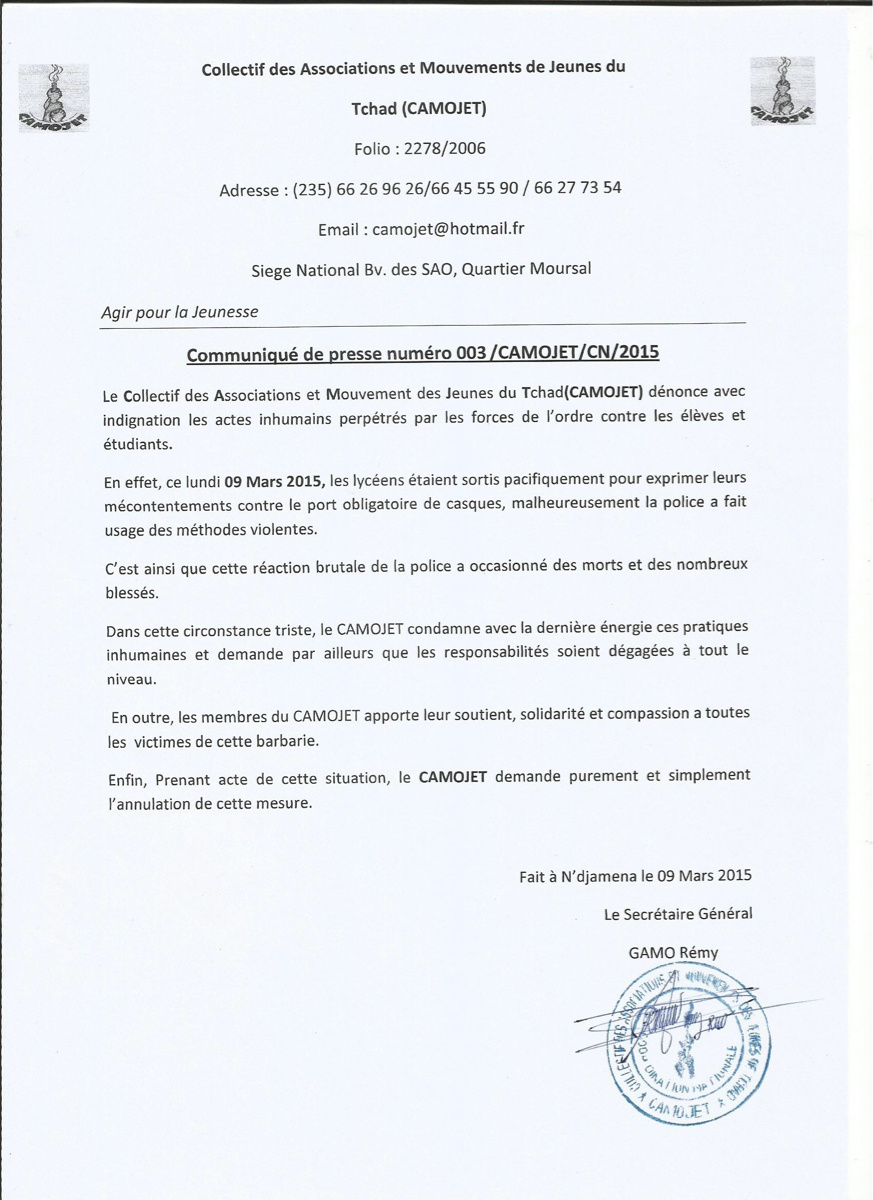 Tchad : Le CAMOJET dénonce les violences policières 