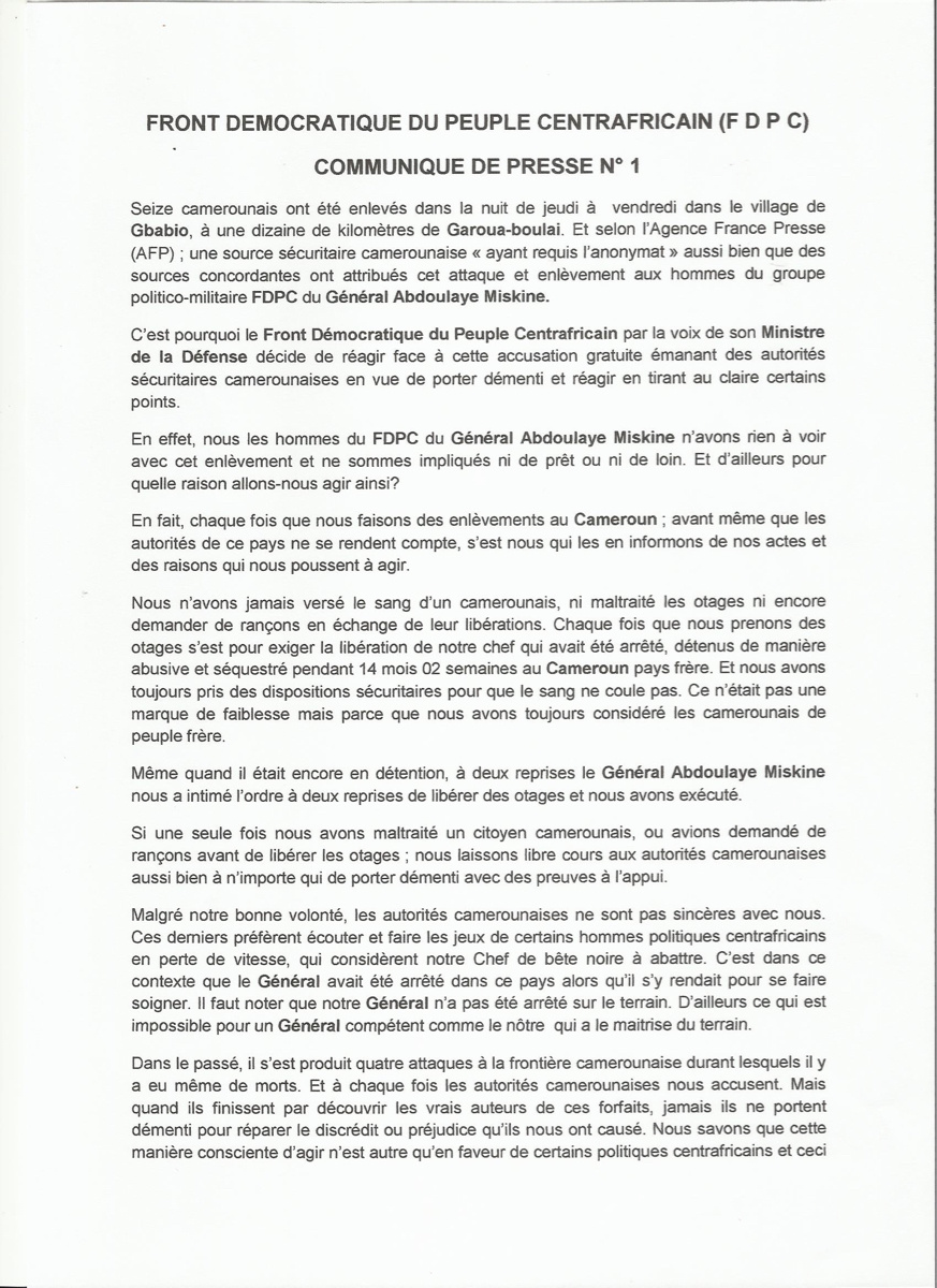 Cameroun/RCA : Le FDPC dément formellement l'enlèvement de 16 personnes