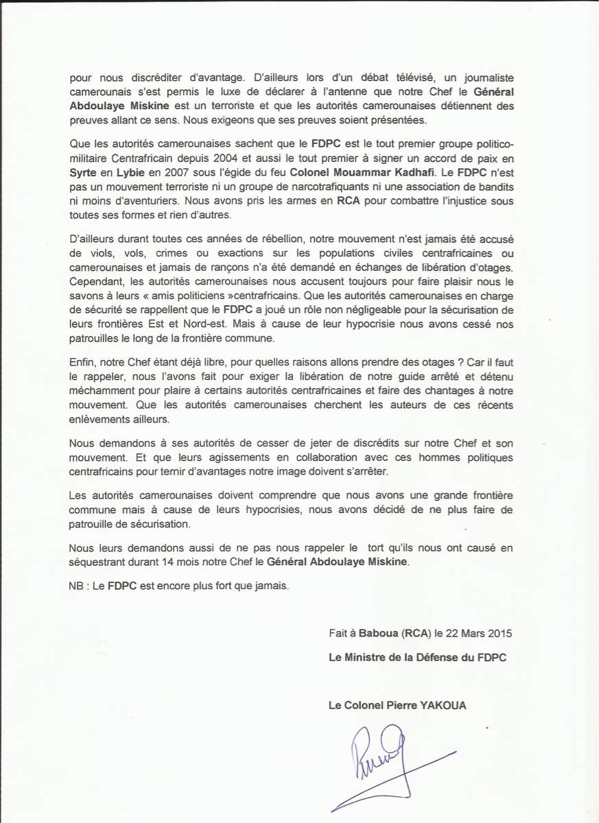 Cameroun/RCA : Le FDPC dément formellement l'enlèvement de 16 personnes