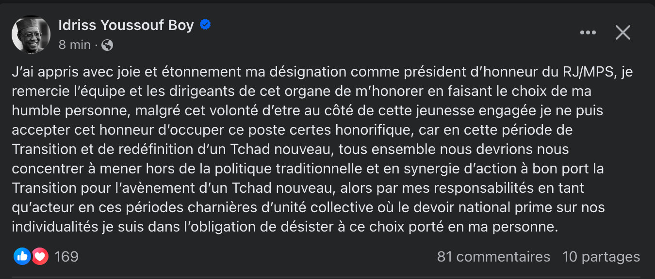Tchad : Idriss Youssouf Boy décline la Présidence d'honneur du RJ/MPS pour se concentrer sur la transition