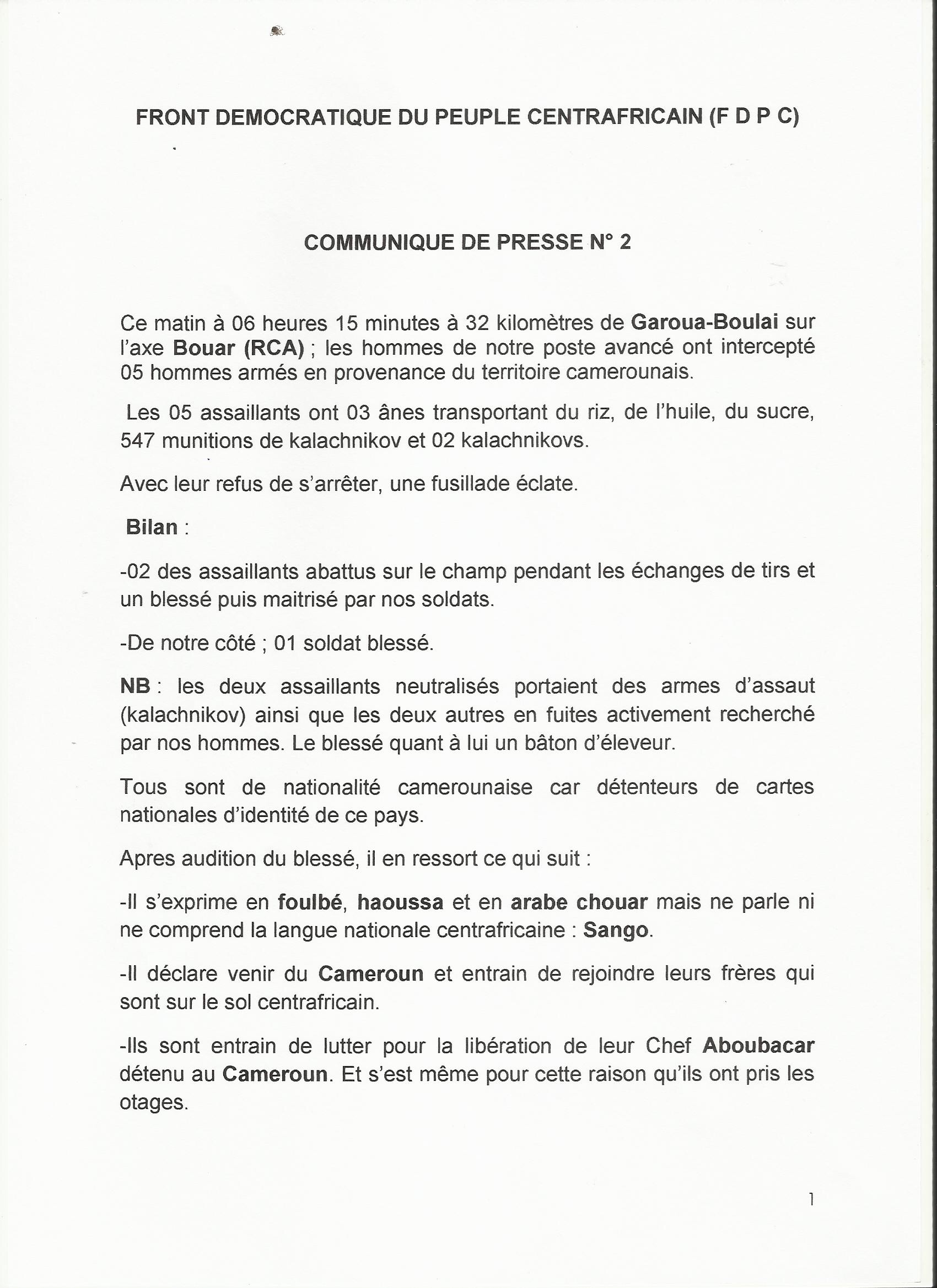 RCA : Fusillade entre combattants du FDPC et des hommes armés 