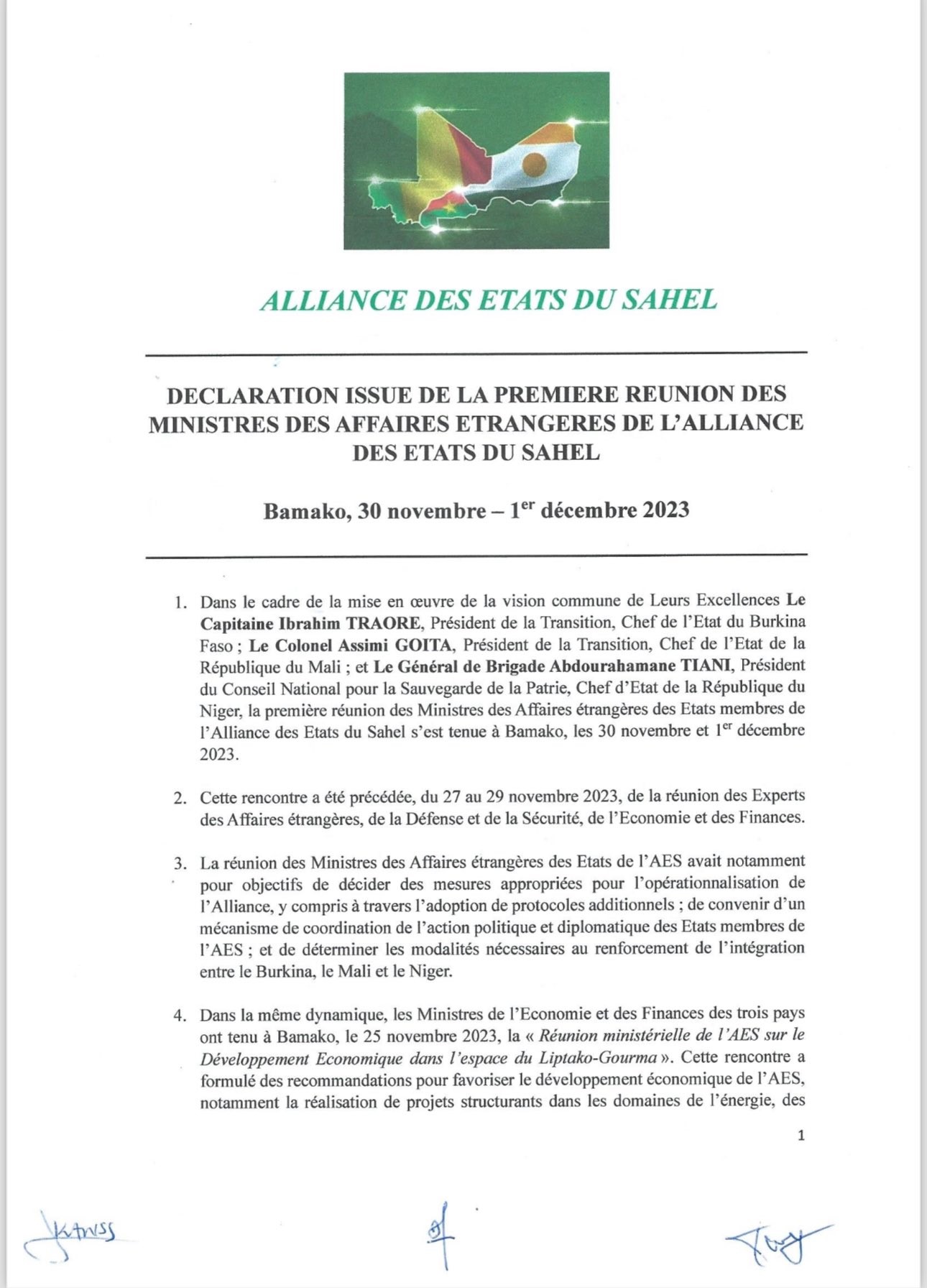 Mali : Déclaration issue de la première réunion des Ministres des Affaires étrangères de l'Alliance des Etats du Sahel
