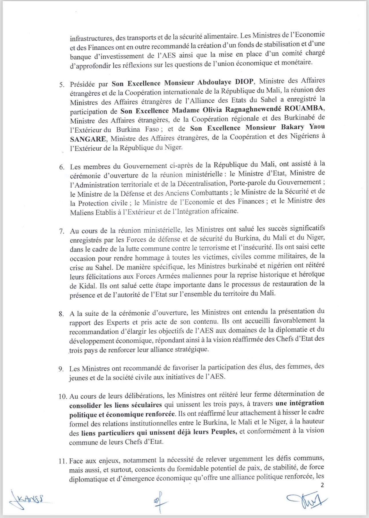 Mali : Déclaration issue de la première réunion des Ministres des Affaires étrangères de l'Alliance des Etats du Sahel