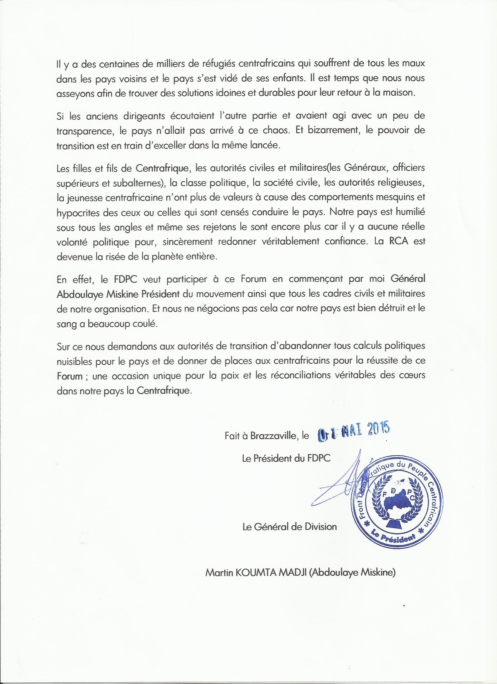 RCA : Le général Miskine demande au gouvernement d'abandonner les calculs politiques 