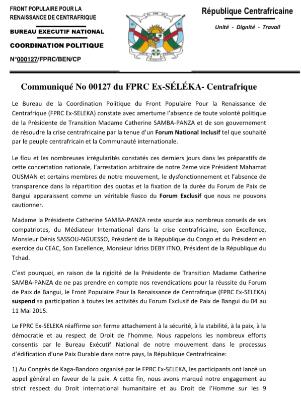 Centrafrique : L'ex-Séléka suspend sa participation au forum de Bangui