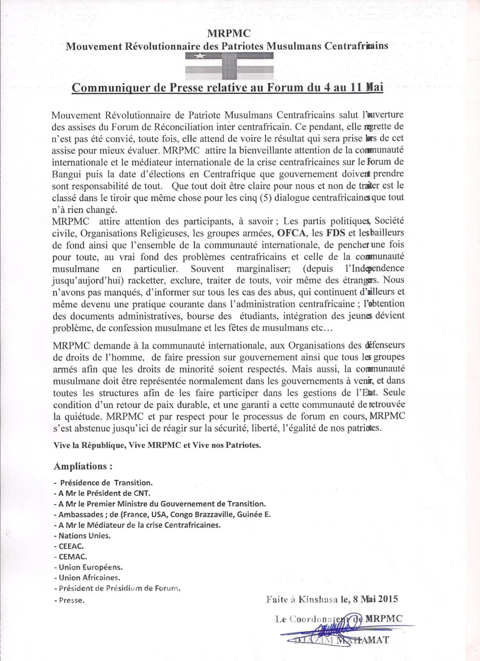 Centrafrique : Le MRPMC demande la protection des minorités
