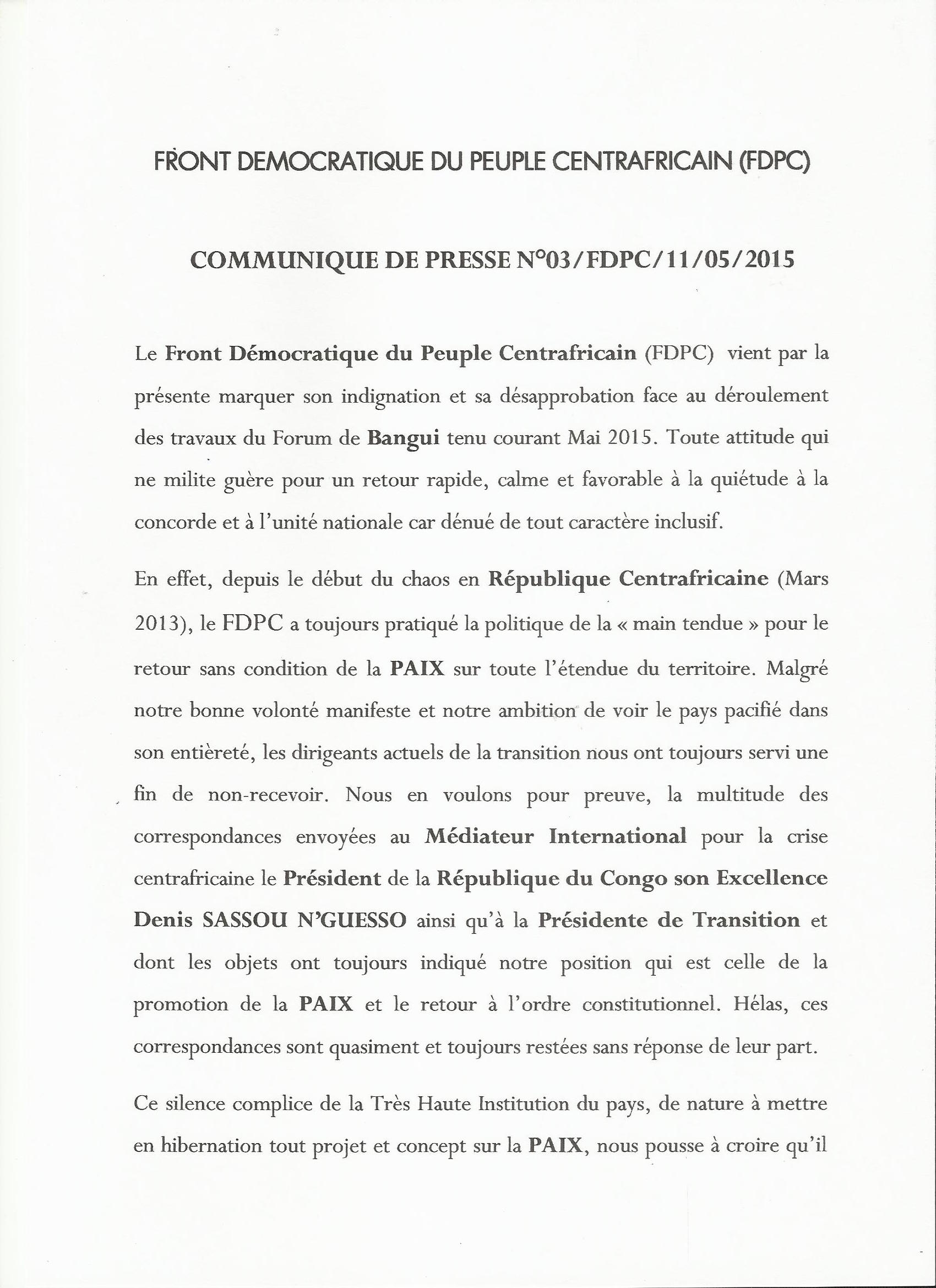 RCA : Le FDPC du général Abdoulaye Miskine met en garde les autorités