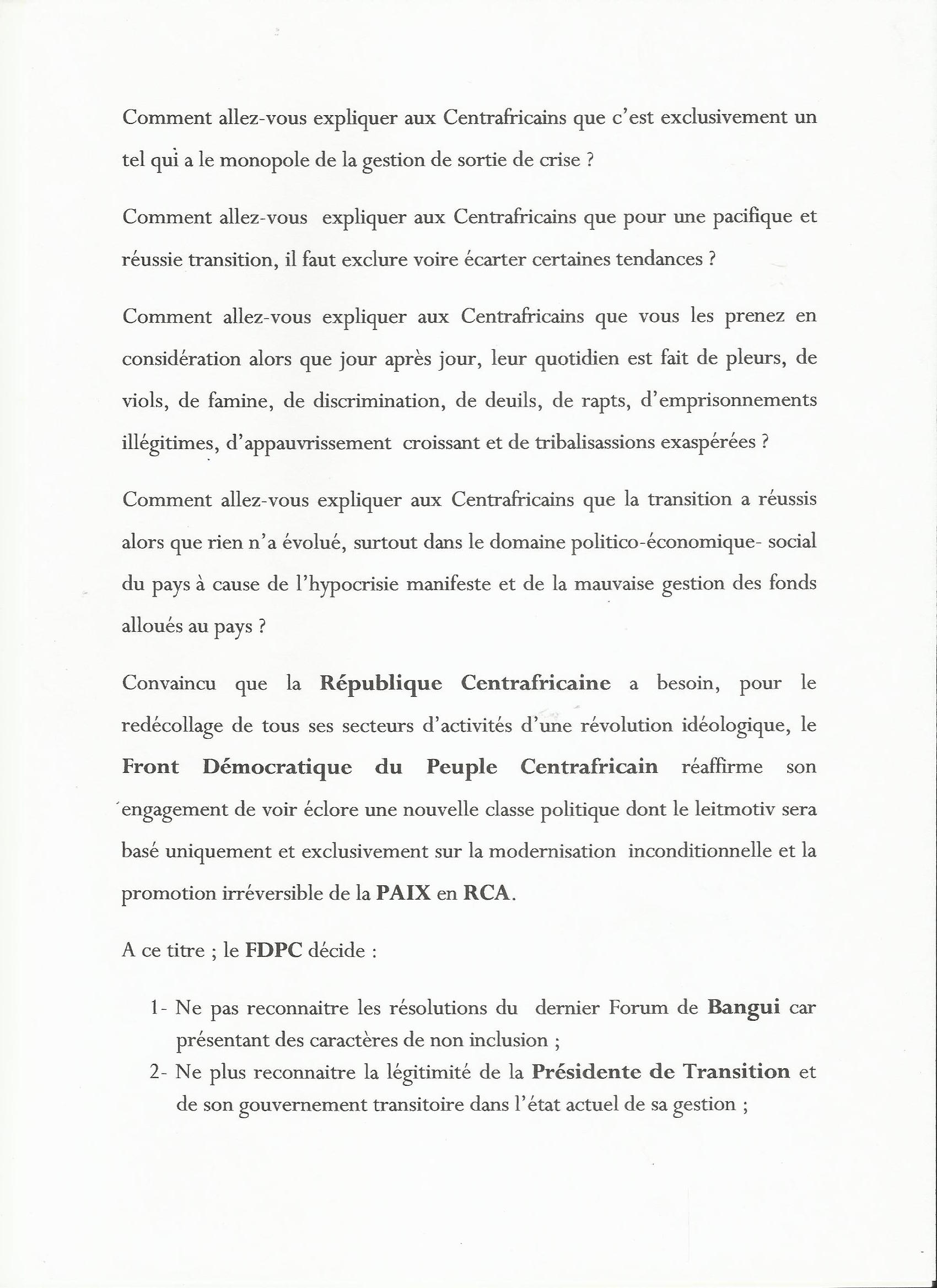 RCA : Le FDPC du général Abdoulaye Miskine met en garde les autorités