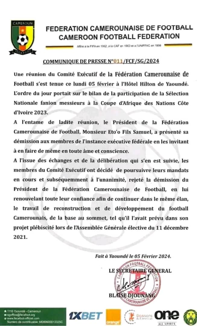 Cameroun : Samuel Eto'o tente de démissionner de la FECAFOOT, le Comité exécutif refuse