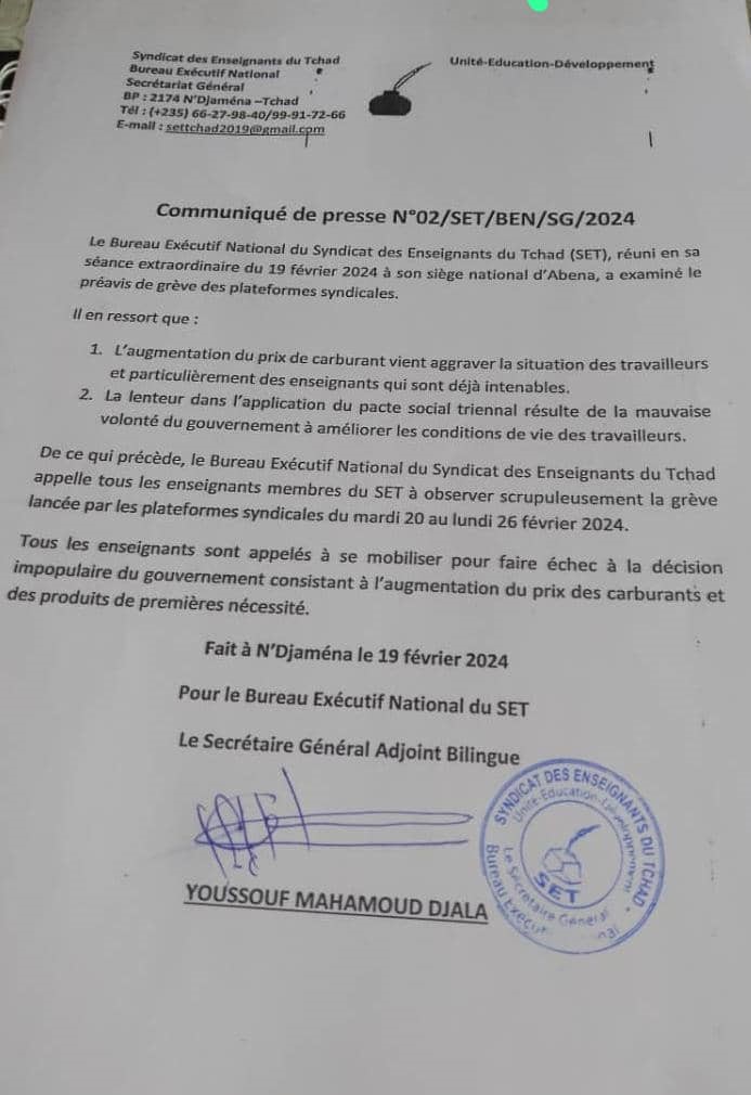 Tchad : Le SET appelle à un respect scrupuleux de la grève à partir de ce mardi