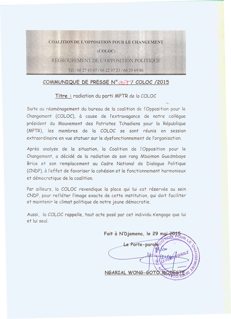 Tchad : Radiation du parti MPTR de la COLOC