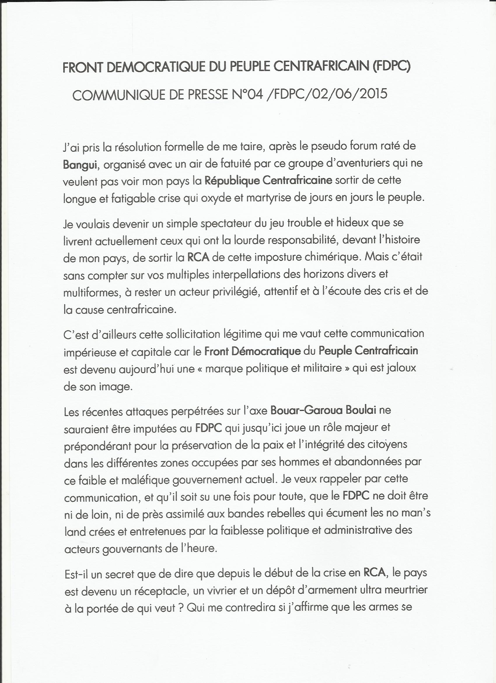 Centrafrique : Le Président du FDPC hausse le ton après le Forum "raté" de Bangui
