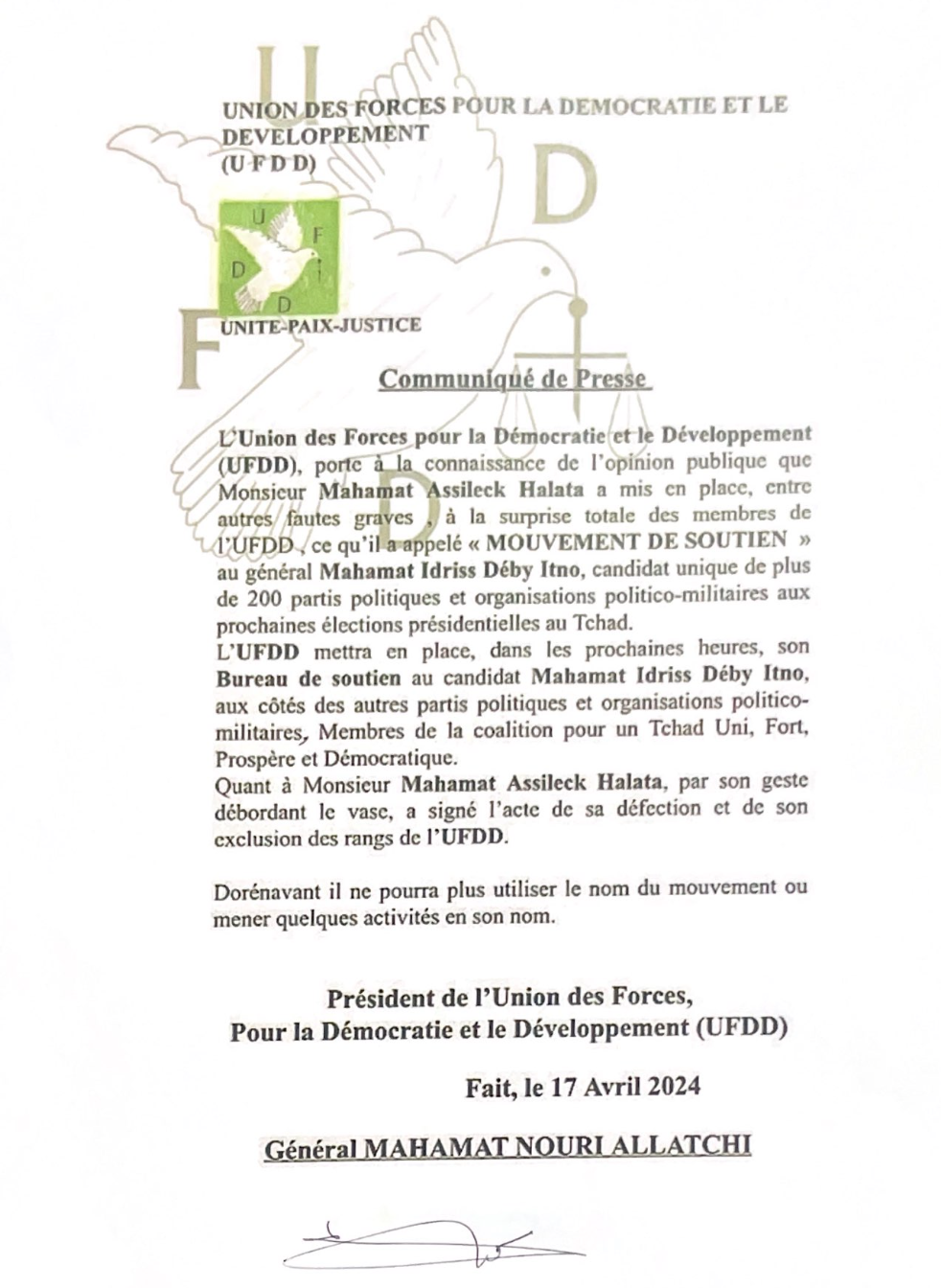 Général Nouri : "l'UFDD mettra en place son Bureau de soutien au candidat MIDI, aux côtés des autres..."