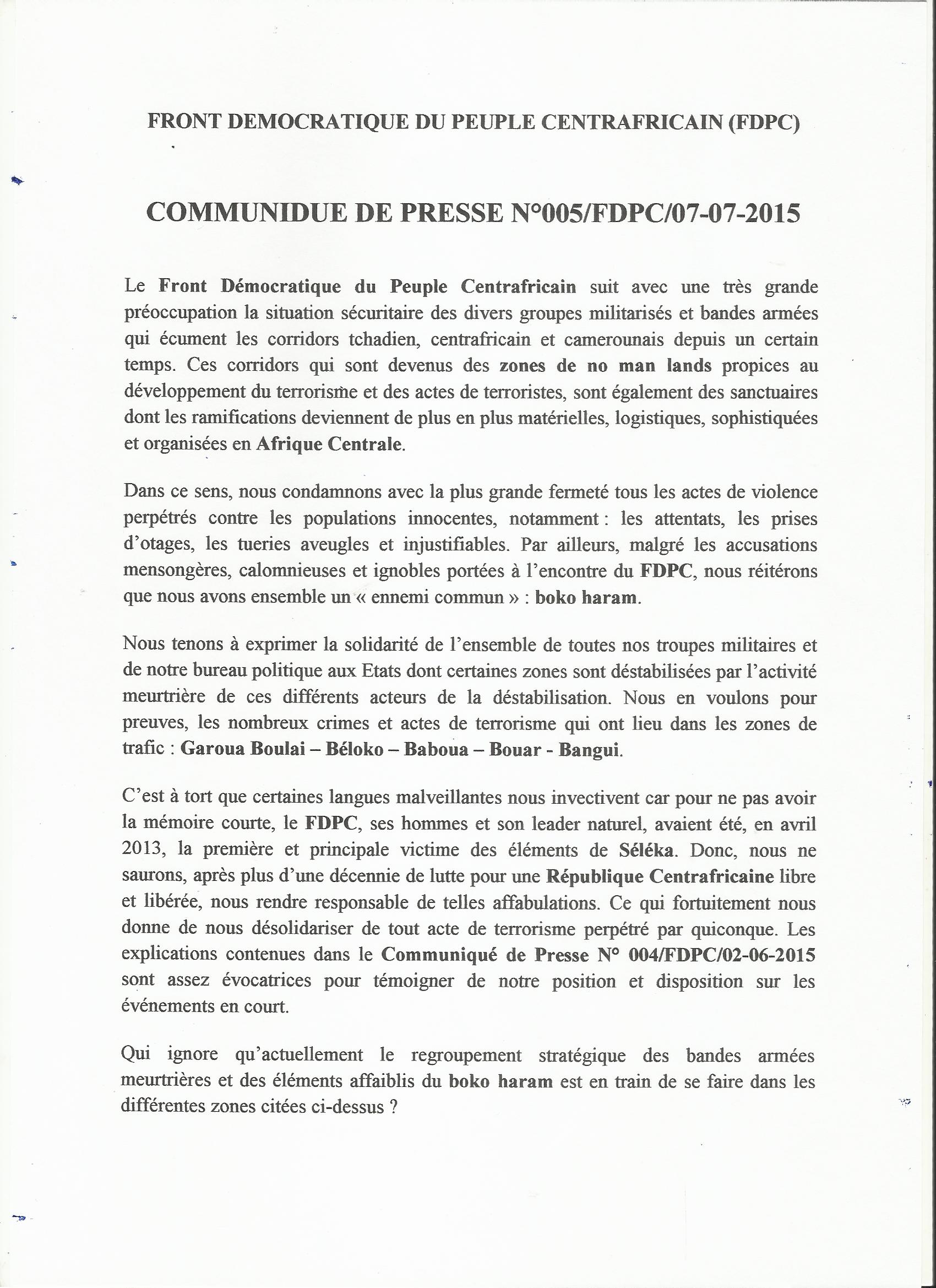 RCA : Le FDPC déclare la guerre au terrorisme et annonce un déploiement aux frontières