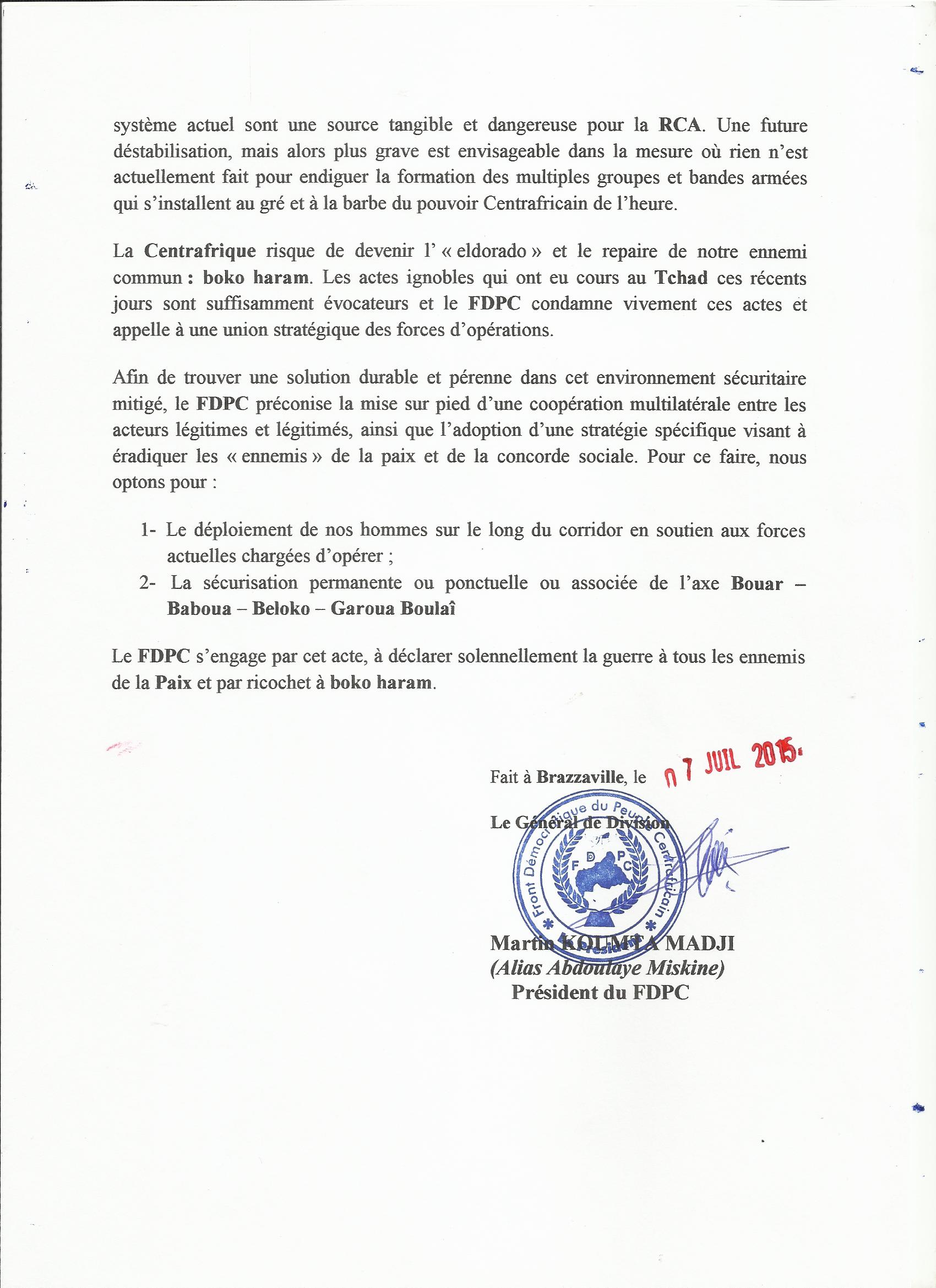 RCA : Le FDPC déclare la guerre au terrorisme et annonce un déploiement aux frontières