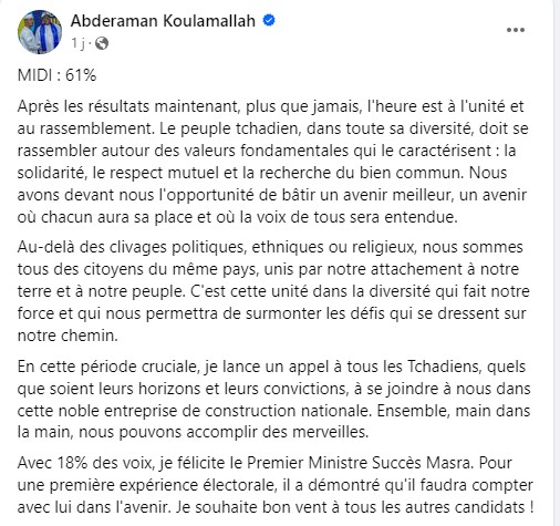 Présidentielle : « Avec 18% des voix », Abderaman Koulamallah « félicite le Premier Ministre Succès Masra »