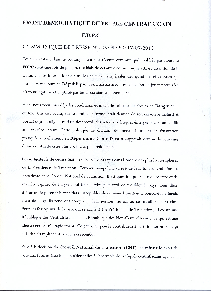 Centrafrique : Le FDPC veut mettre à contribution une expérience militaire stratégique