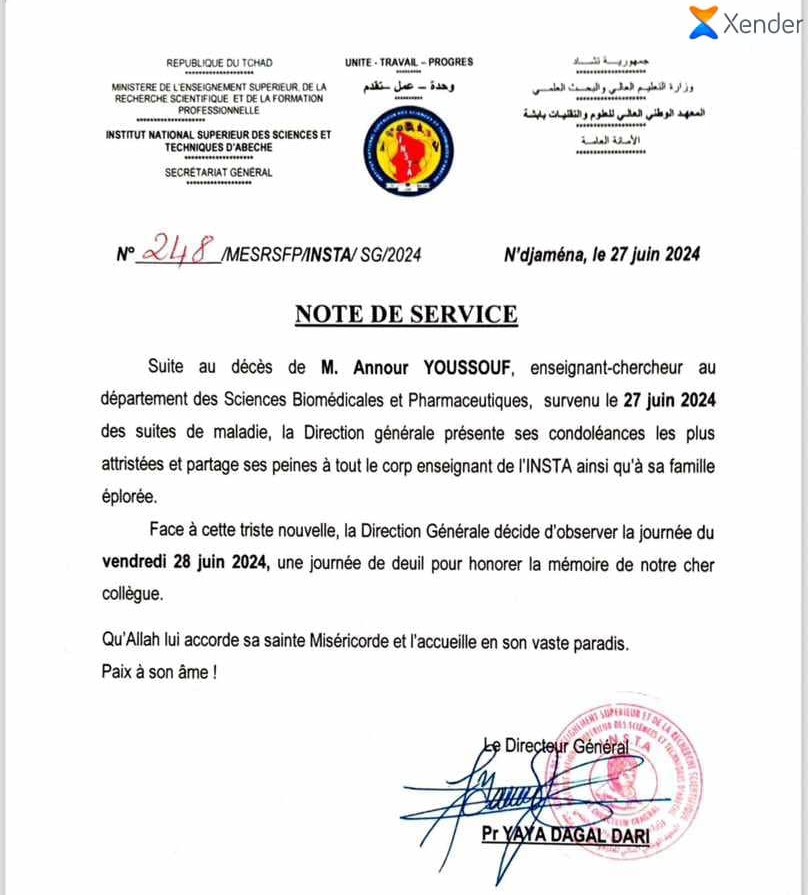 Tchad : décès de l'enseignant-chercheur Annour Youssouf, l'INSTA en deuil
