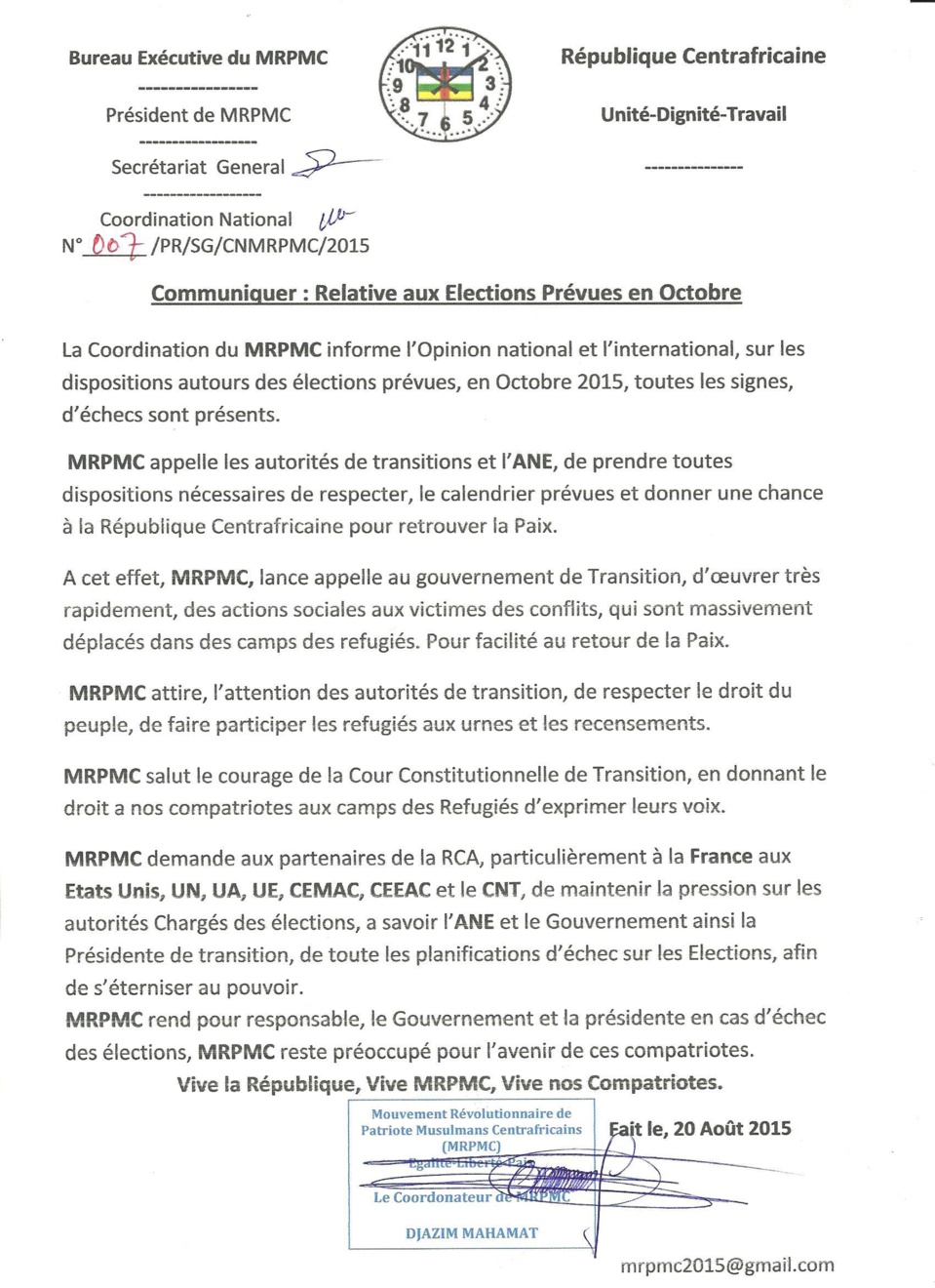 Centrafrique: Le MRPMC appelle le gouvernement à oeuvrer dans le social