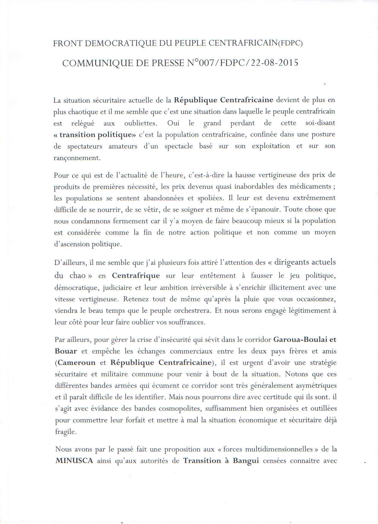 La population centrafricaine "grand perdant de la transition politique", assure le FPDC