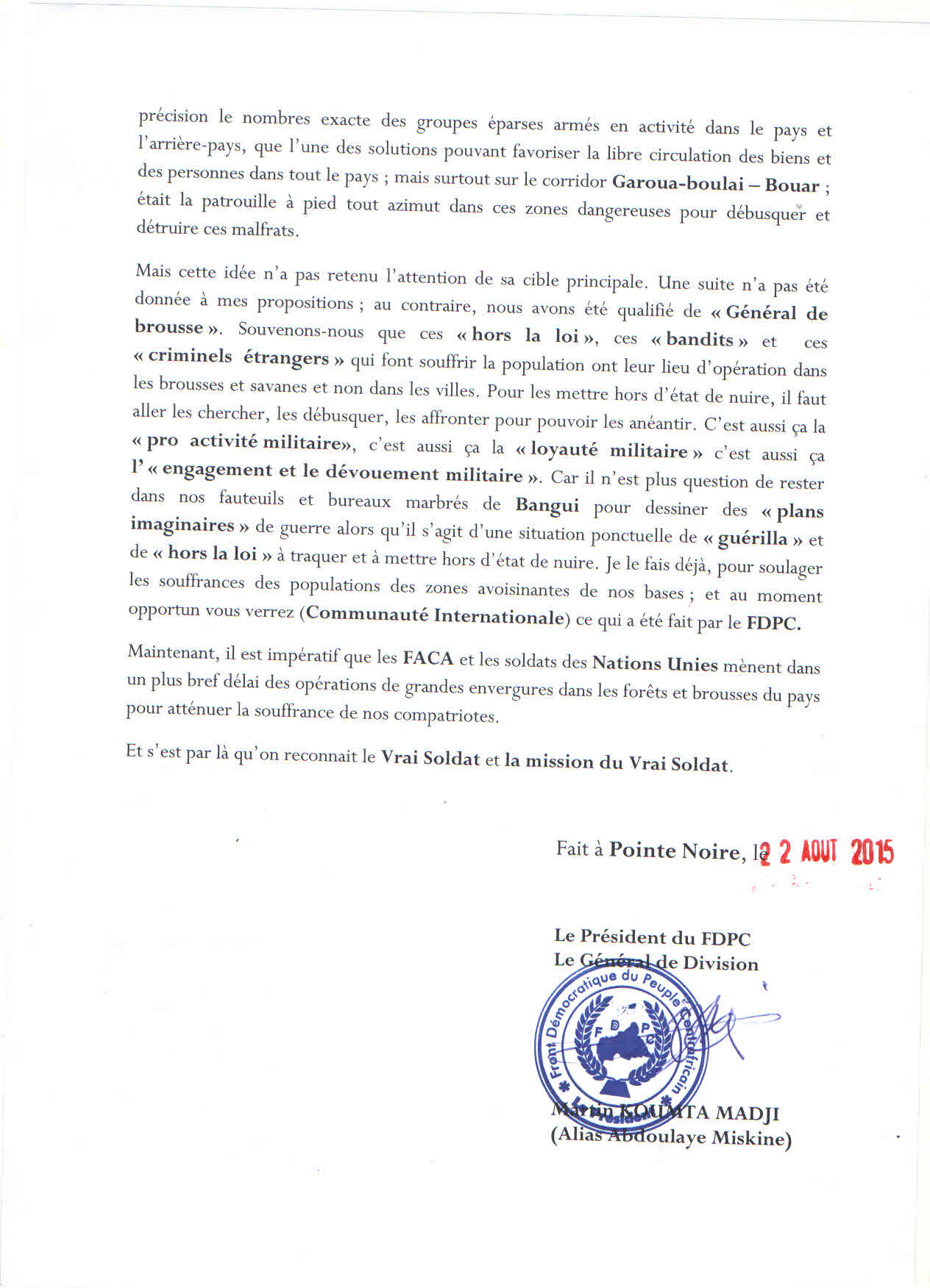 La population centrafricaine "grand perdant de la transition politique", assure le FPDC