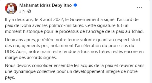 Tchad - Deux ans après Doha : le Président Deby réaffirme son engagement pour la paix