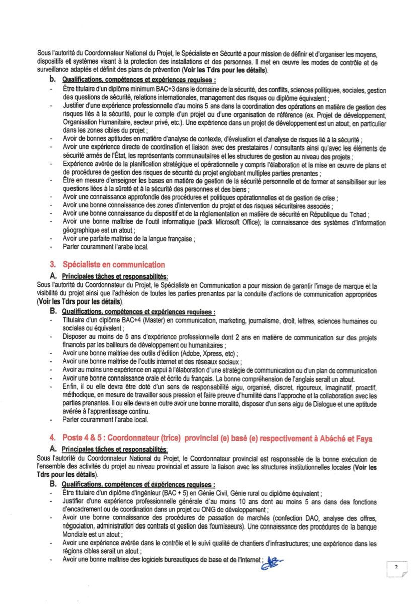 Tchad : Le projet RESITCHAD lance un avis de recrutement de personnel complémentaire