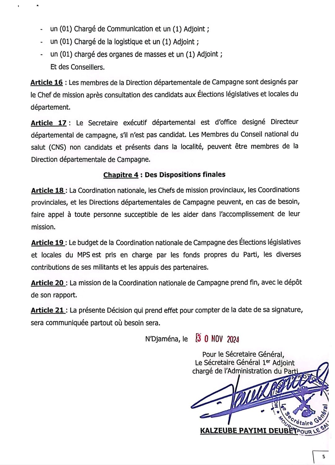Tchad - MPS : Création d'une Coordination Nationale pour les Élections Législatives et Locales
