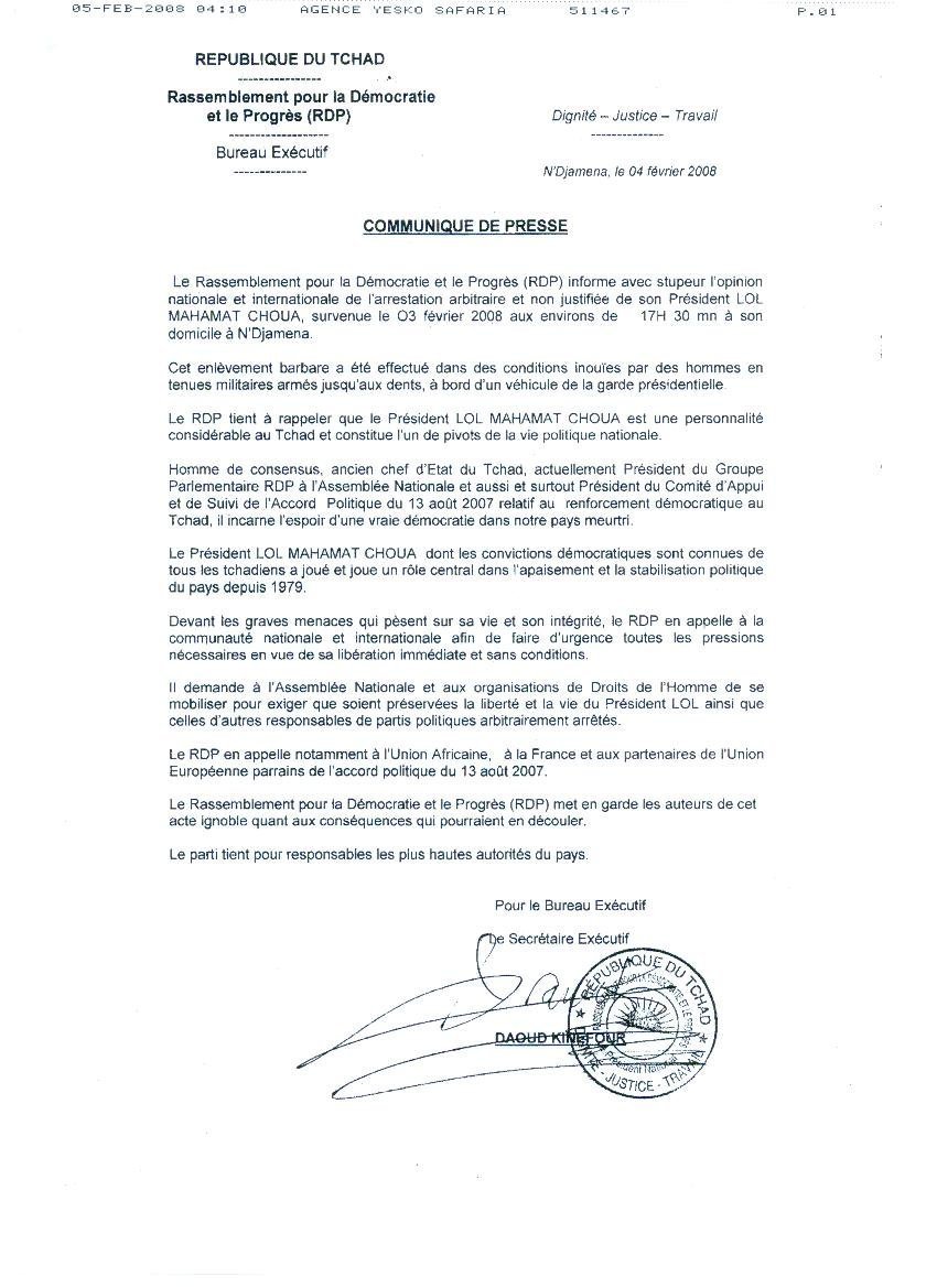 Communiqué de presse du Rassemblement pour la Démocratie et le Progrès