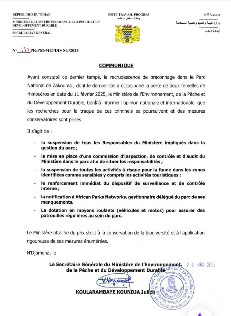 Tchad - Scandale au Parc National de Zakouma : Des Responsables Suspendus après le Braconnage de Rhinocéros