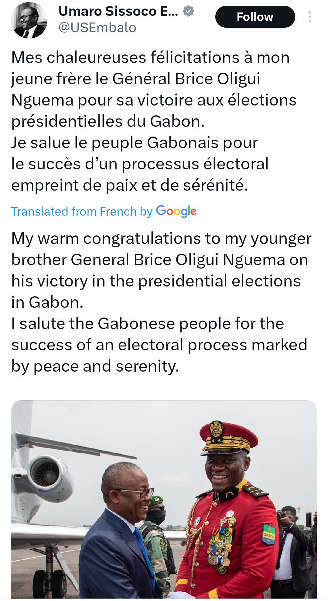 Présidentielle au Gabon : Le Président de Guinée-Bissau félicite le Général Brice Oligui Nguema avant l'annonce des résultats