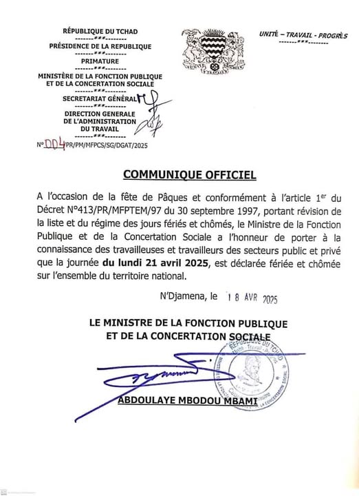 Tchad : Férié le 21 avril 2025 pour la Fête de Pâques
