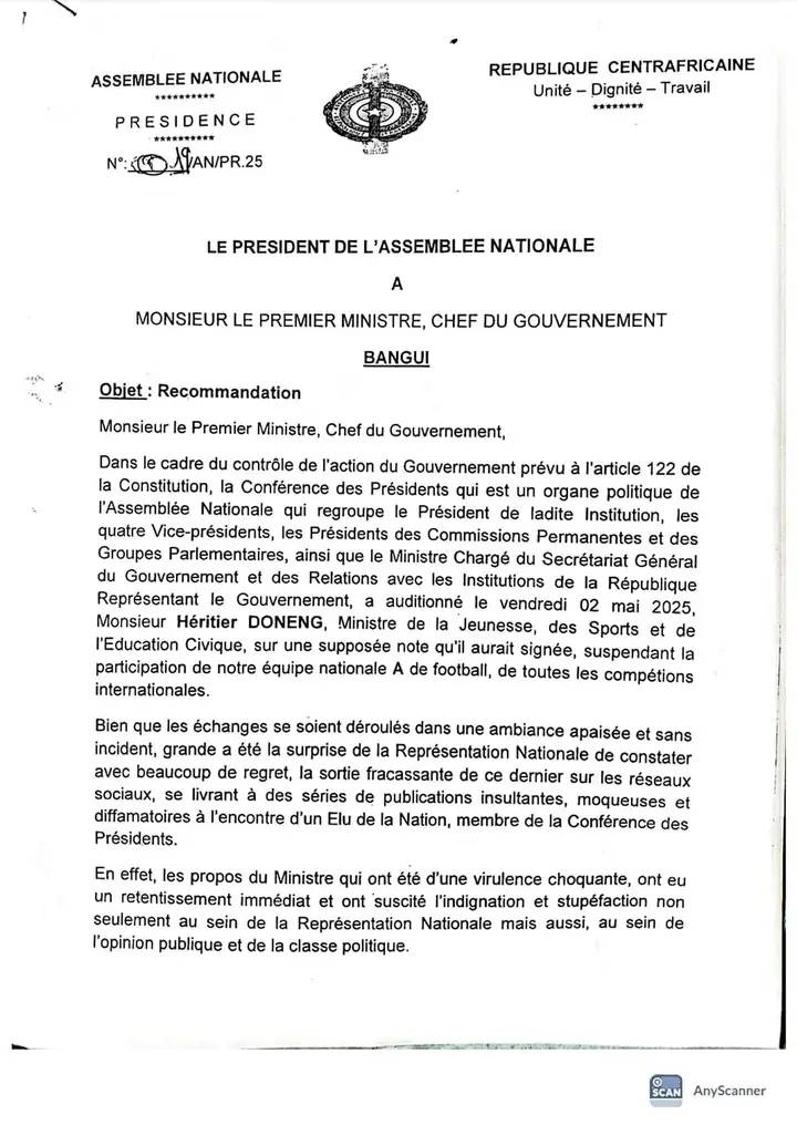 RCA : L'Assemblée Nationale demande le limogeage du Ministre de la Jeunesse, Héritier Doneng
