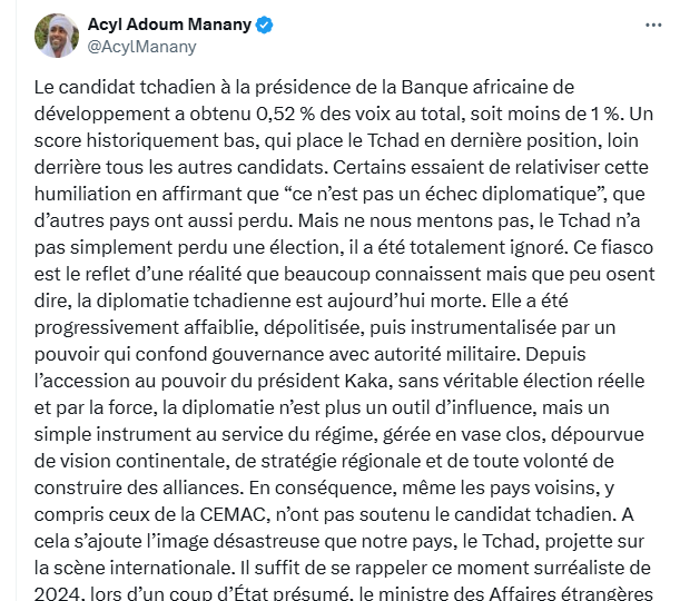 Tchad : Un revers cuisant à la BAD et un diagnostic sévère de la diplomatie tchadienne par Acyl Adoum Manany