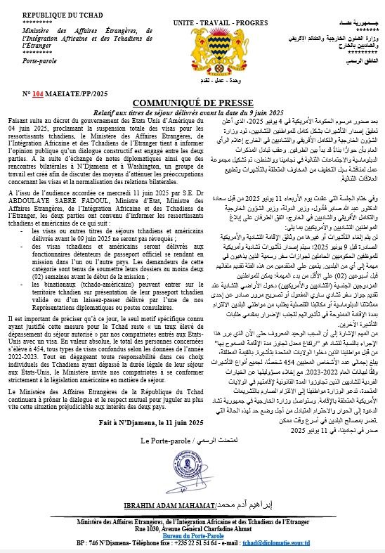 Suspension des visas : le Tchad engage un dialogue avec les États-Unis