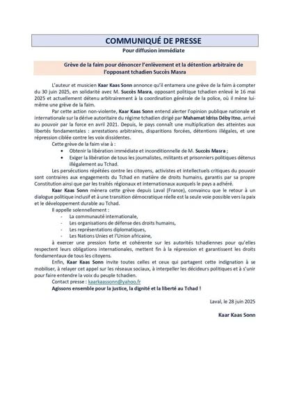 Tchad : L'artiste Kaar Kaas Sonn entame une grève de la faim en soutien au Dr Succès Masra