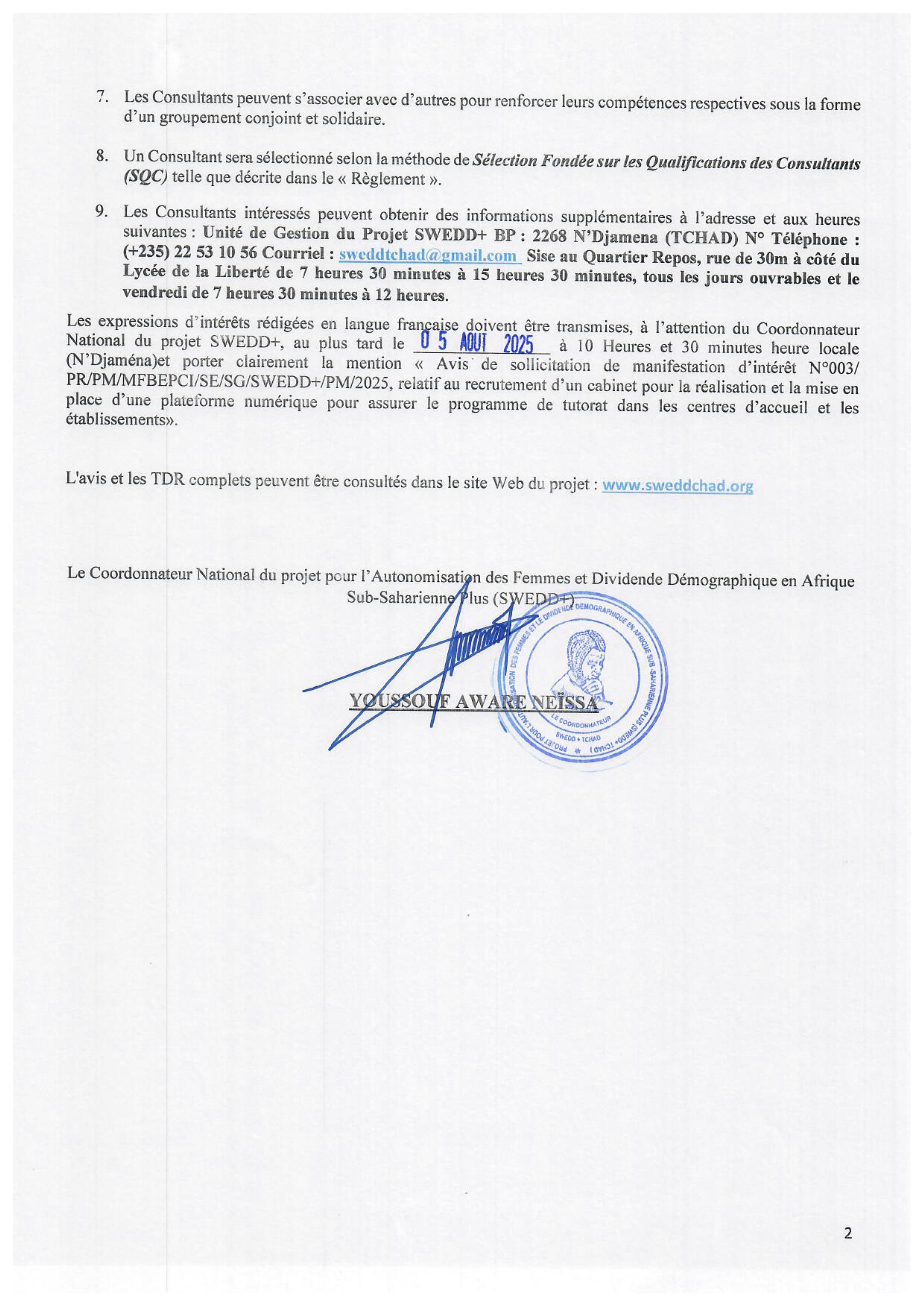 Tchad - SWEDD+ : Avis de sollicitation de manifestation d'intérêt pour la sélection de consultants par les emprunteurs de la Banque Mondiale