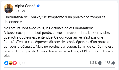 Guinée : L'ancien Président Alpha Condé dénonce le pouvoir en place suite aux inondations de Conakry