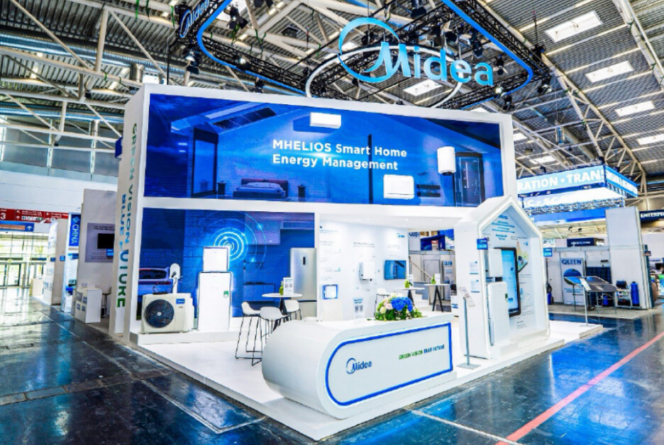 Products from Chinese air conditioner brand Midea are on display during the Intersolar Europe 2025 exhibition in Munich, Germany. (Photo courtesy of m Midea Group)