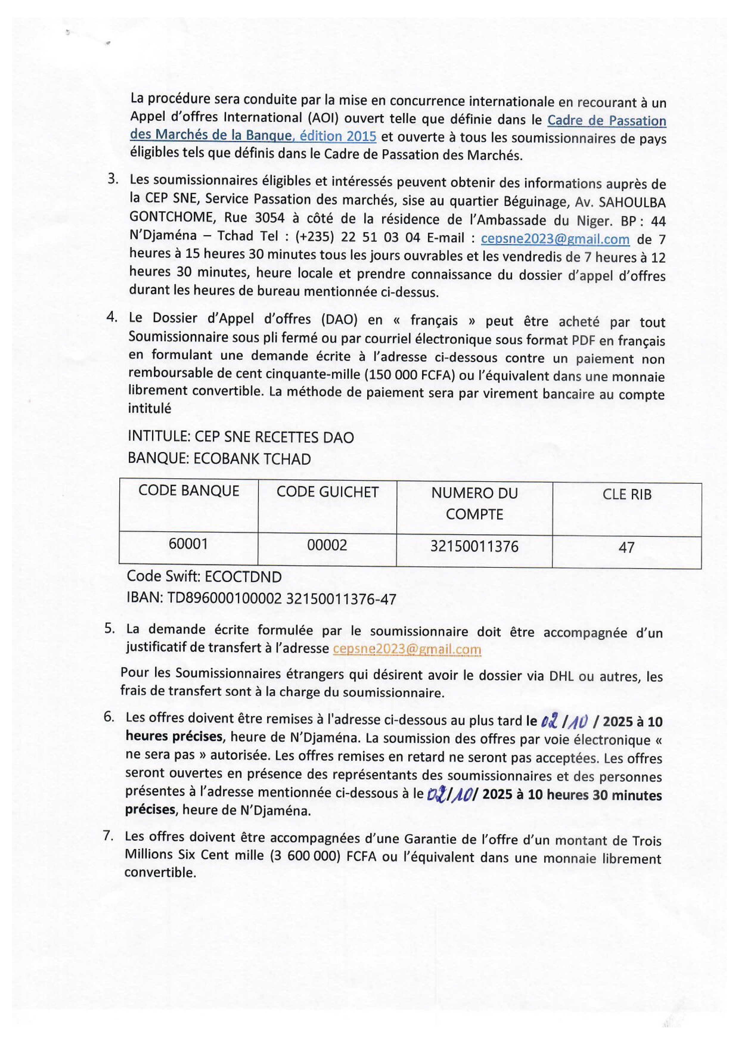Tchad : Avis d'Appel d'Offres n°001 pour acquisition de véhicules pour le Projet PIRECT (CEP-SNE)