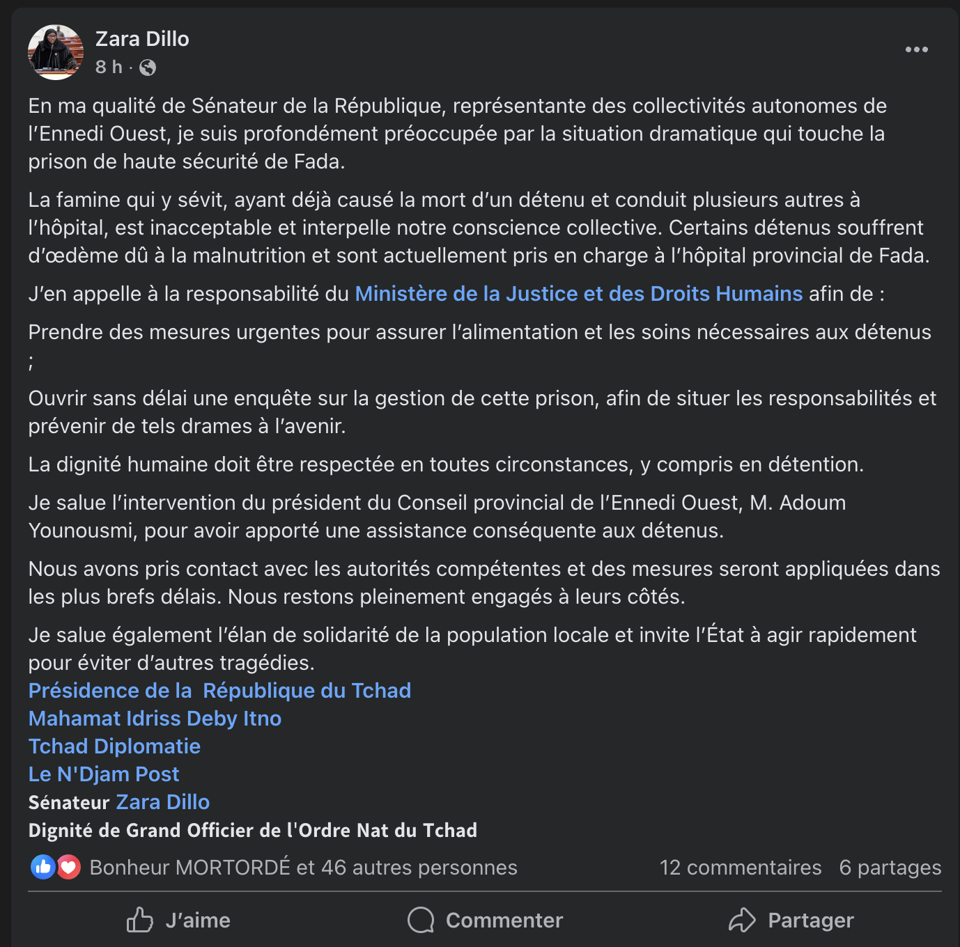 Tchad : la sénatrice Zara Dillo alerte sur une crise alimentaire dans la prison de Fada