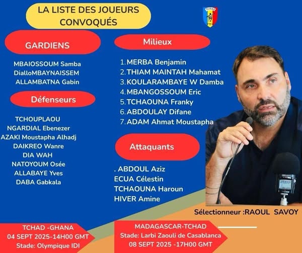 Éliminatoires de la Coupe du Monde : Voici la liste des joueurs retenus pour les deux matchs des Sao( Tchad-Ghana, Madagascar-Tchad)