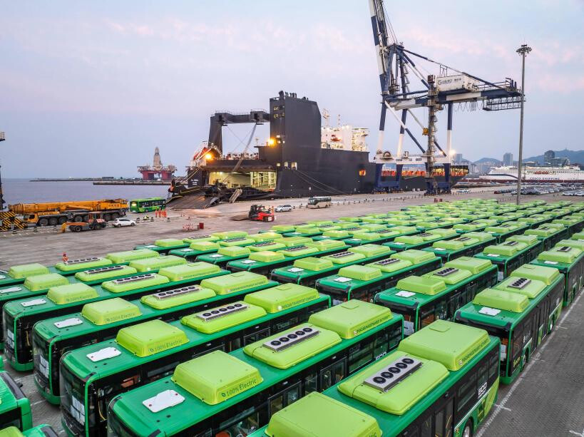 New energy buses are loaded onto a ship at Yantai Port, east China's Shandong province, for export to Pakistan, Aug. 14, 2025. (Photo/Zhang Chao)