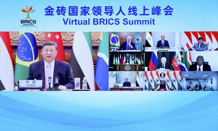 Chinese President Xi Jinping attends a virtual BRICS Summit and delivers an important address titled "Forging Ahead in Solidarity and Cooperation" on Sept. 8, 2025. (Xinhua/Liu Bin)