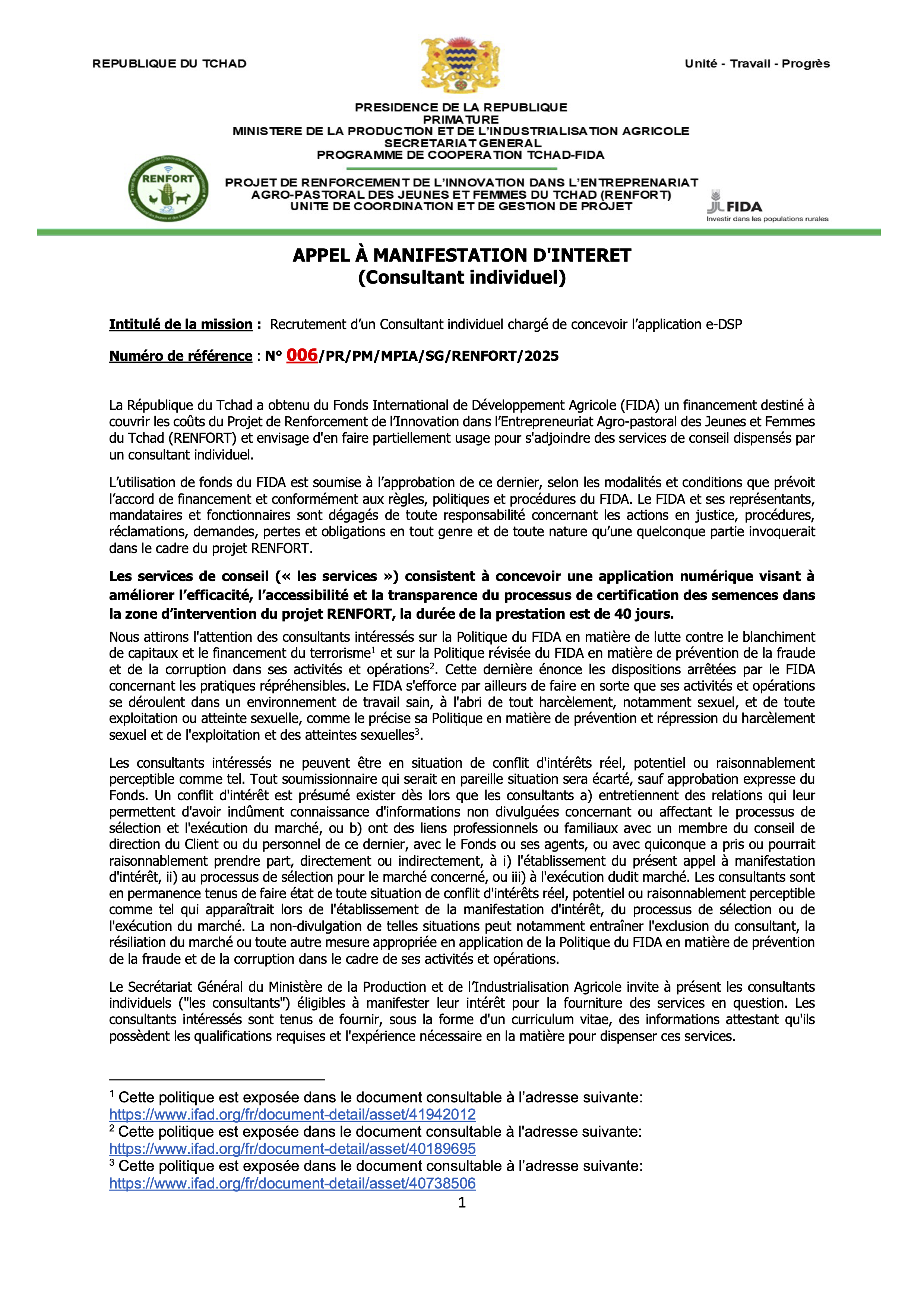 Tchad : Avis d'Appel à Manifestation pour le recrutement d'un Consultant Individuel pour la conception de l'application e-DSP