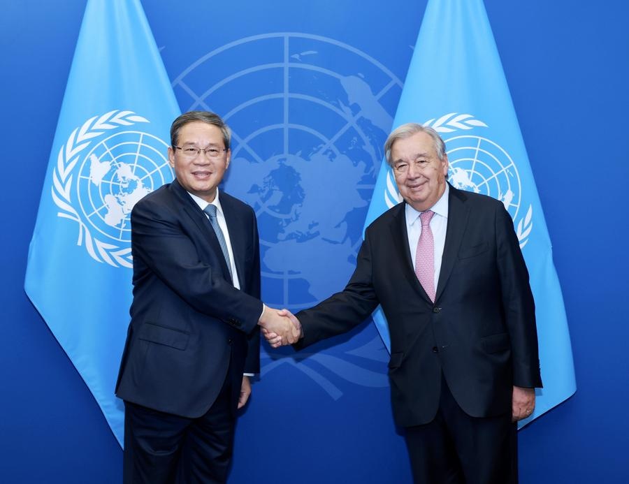 Chinese Premier Li Qiang meets with UN Secretary-General Antonio Guterres in New York, Sept. 24, 2025. (Xinhua/Wang Ye)