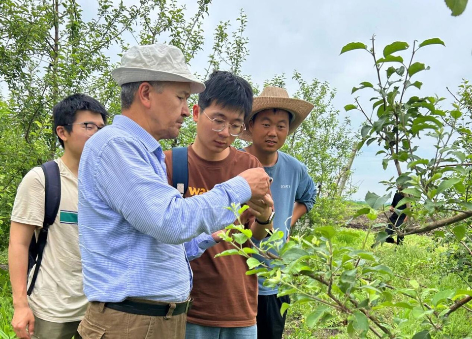 Researchers from Kyrgyz National Agrarian University and China's Northwest A&F University conduct a field study at a China-Kyrgyzstan agricultural demonstration park. (Photo/Li Wenxia)